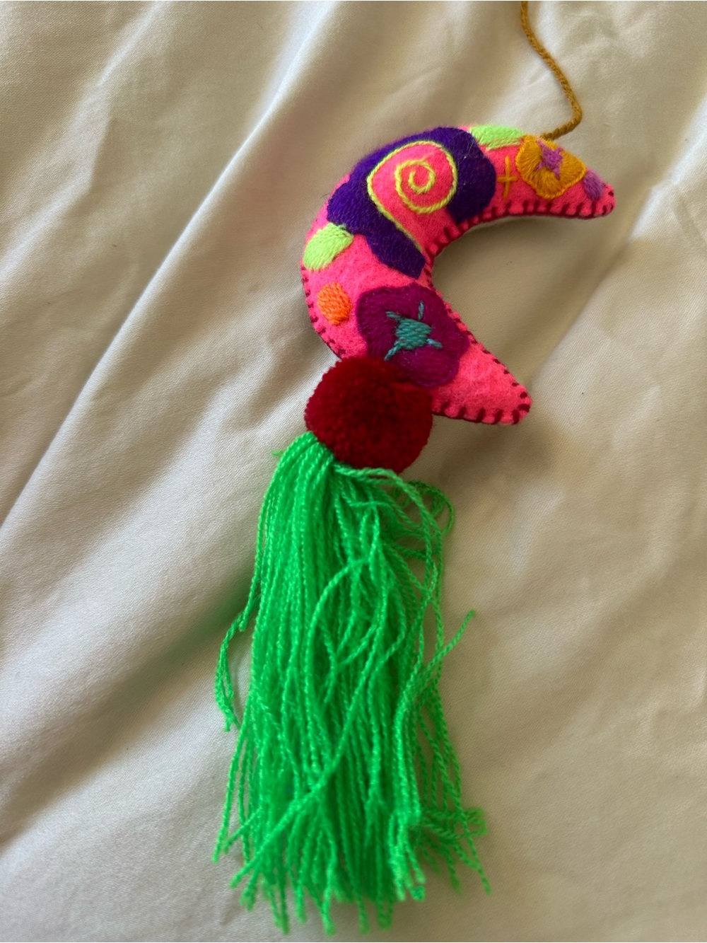 Handcrafted Pink Crescent Tassel Keychain with Neon Green Fringe